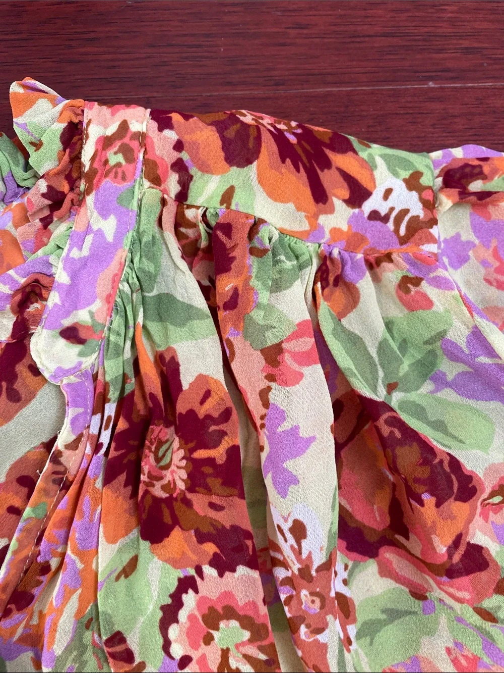 Anthropologie Estela Sheer Floral Flutter Sleeve Top Vibrant Multicolor